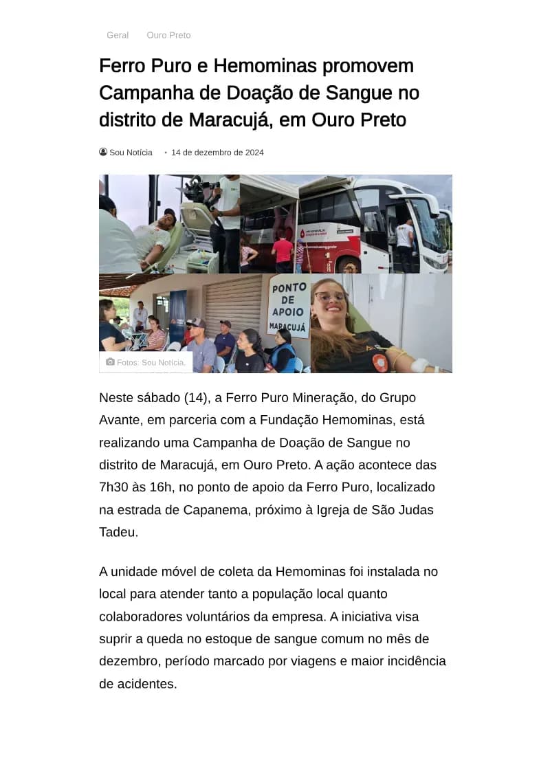Ferro Puro e Hemominas promovem Campanha de Doação de Sangue no distrito de Maracujá, em Ouro Preto