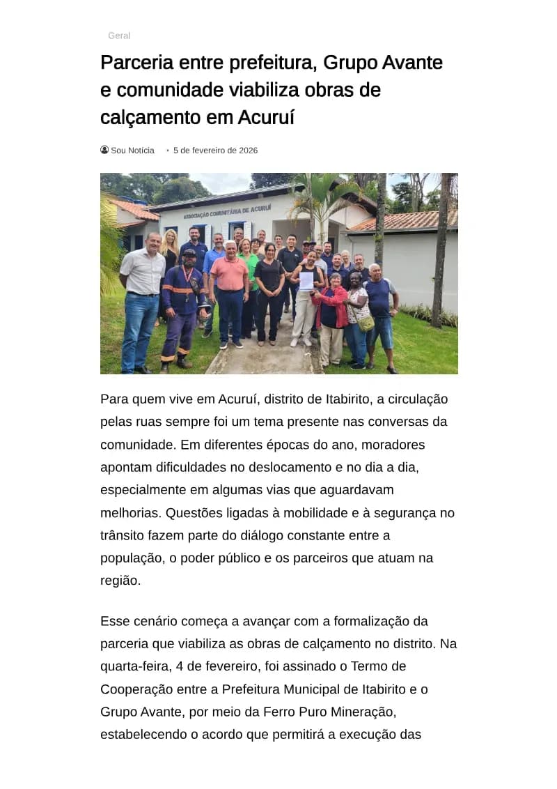 Parceria entre prefeitura, Grupo Avante e comunidade viabiliza obras de calçamento em Acuruí